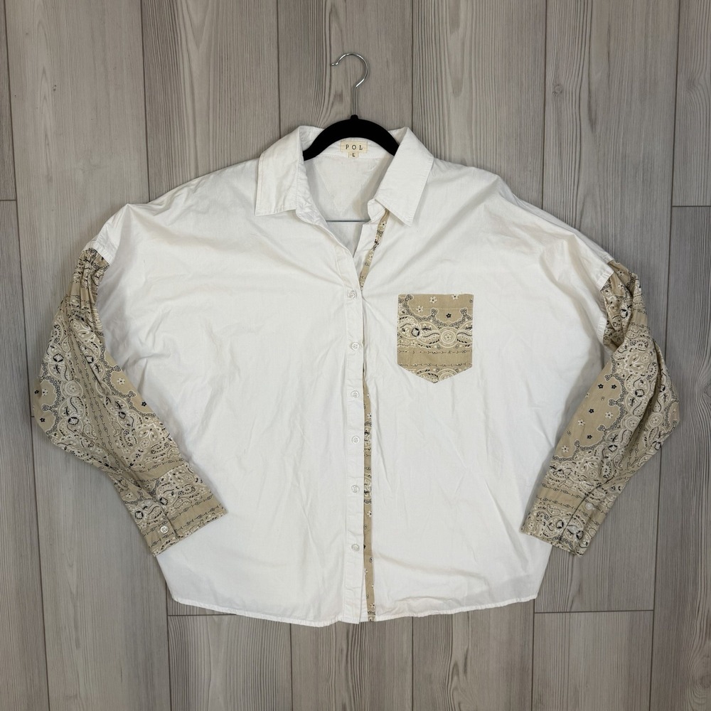 POL Petra Paisley print shirt Oversized button-down white taupe bandana‎ Large